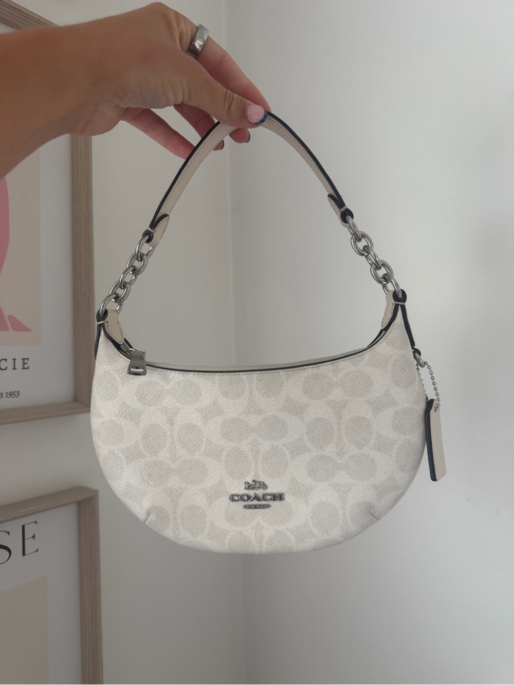 Coach White Signature Crescent Shoulder Bag with Silver Hardware